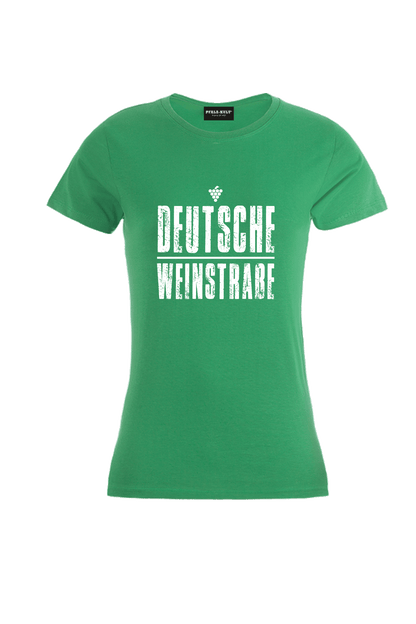 Grünes T-Shirt mit dem Aufdruck "Deutsche Weinstrasse" .  Das ideale Geschenk für jedes Pfalzkind vom Textildruck Spezialisten aus Bad Dürkheim.