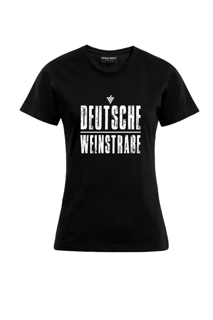 Schwarzes T-Shirt mit dem Aufdruck "Deutsche Weinstrasse" .  Das ideale Geschenk für jedes Pfalzkind vom Textildruck Spezialisten aus Bad Dürkheim.