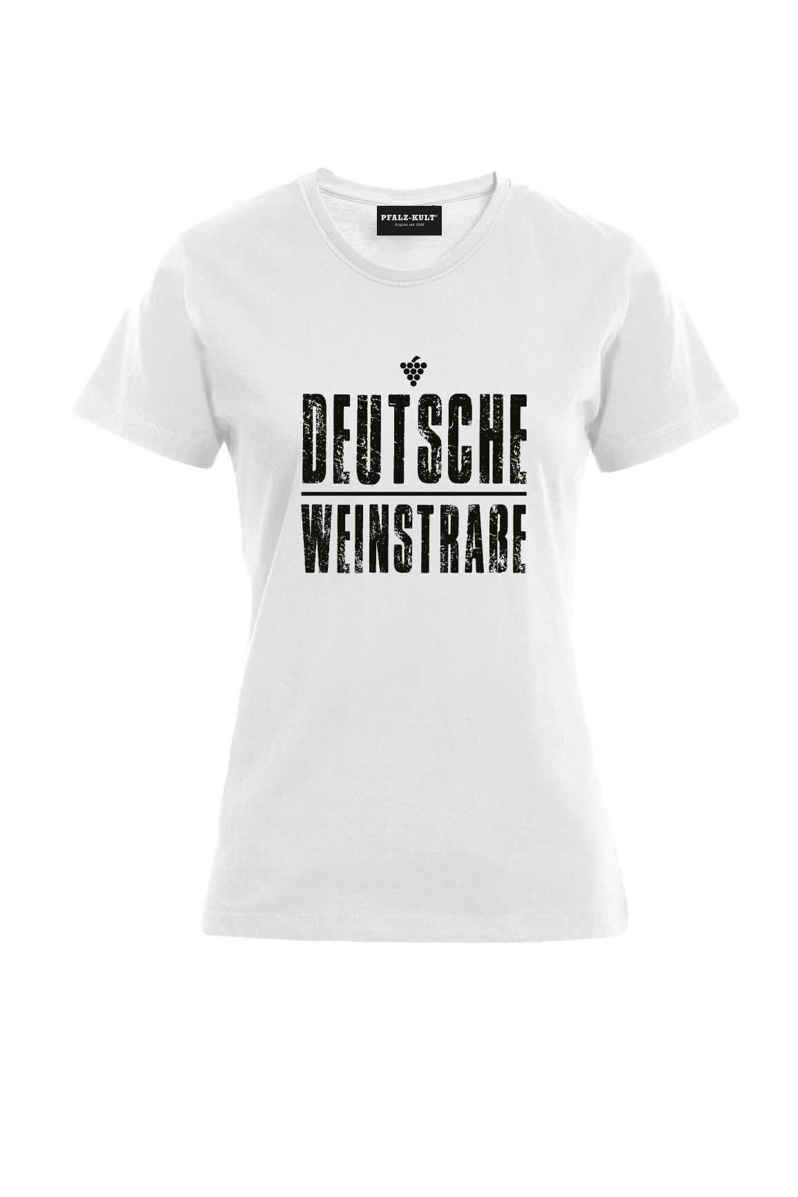 Weißes T-Shirt mit dem Aufdruck "Deutsche Weinstrasse" .  Das ideale Geschenk für jedes Pfalzkind vom Textildruck Spezialisten aus Bad Dürkheim.