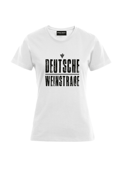 Weißes T-Shirt mit dem Aufdruck "Deutsche Weinstrasse" .  Das ideale Geschenk für jedes Pfalzkind vom Textildruck Spezialisten aus Bad Dürkheim.