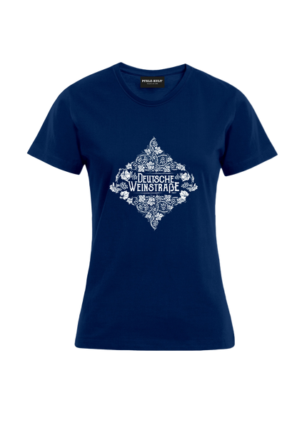 Dunkelblaues Pfalz-Kult Damen Shirt mit dem Aufdruck "Deutsche Weinstrasse" .  Das ideale Geschenk für jedes Pfalzkind vom Textildruck Spezialisten aus Bad Dürkheim.