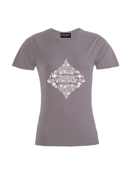 Hellgraues Pfalz-Kult Damen Shirt mit dem Aufdruck "Deutsche Weinstrasse" .  Das ideale Geschenk für jedes Pfalzkind vom Textildruck Spezialisten aus Bad Dürkheim.