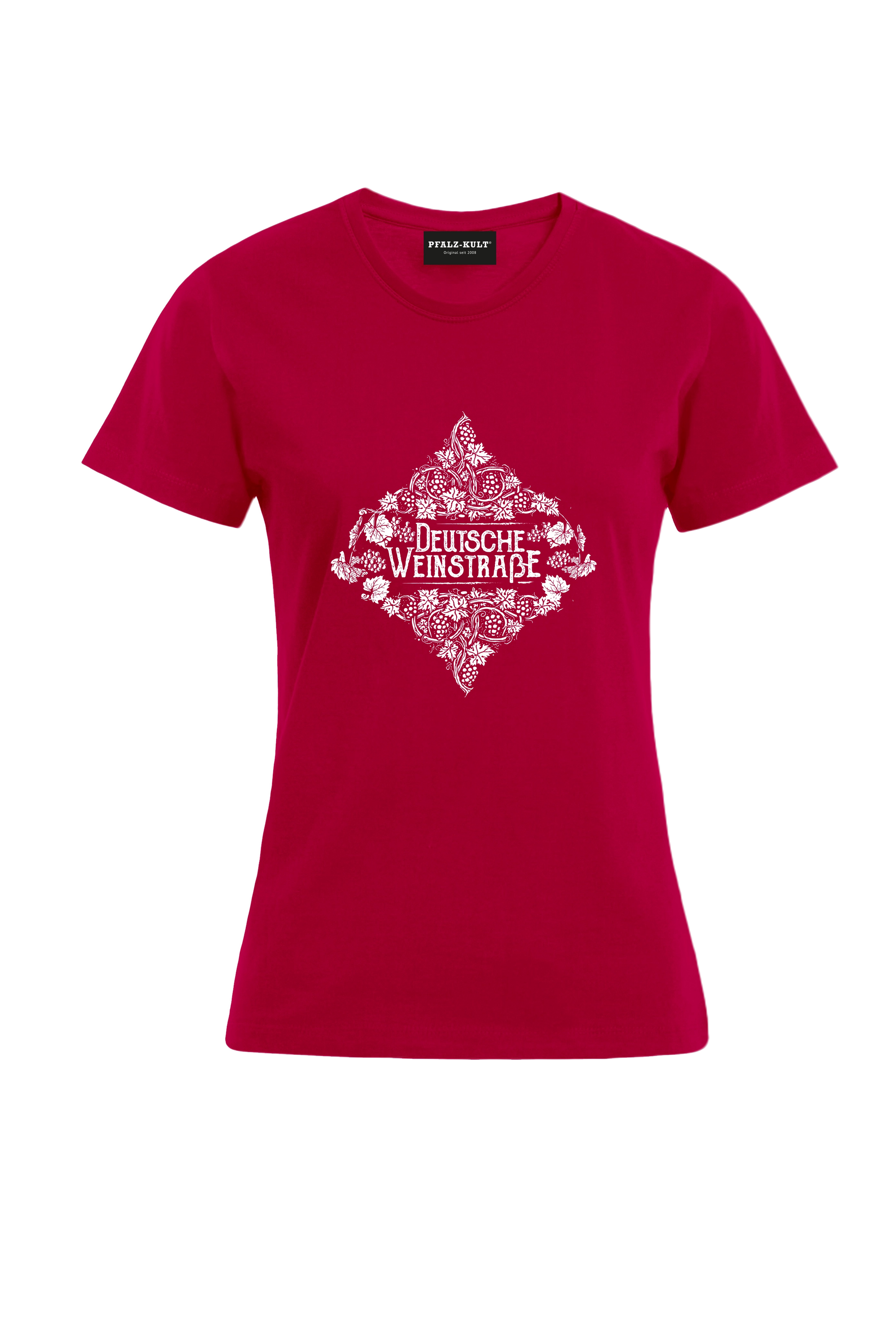 Rotes Pfalz-Kult Damen Shirt mit dem Aufdruck "Deutsche Weinstrasse" .  Das ideale Geschenk für jedes Pfalzkind vom Textildruck Spezialisten aus Bad Dürkheim.
