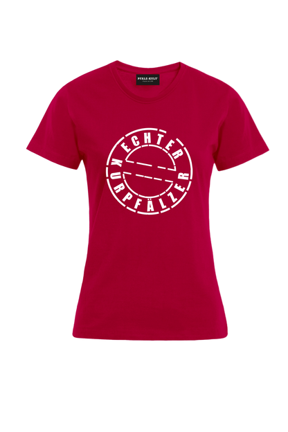 Rotes Damen T-Shirt mit dem Aufdruck "Echter Kurpfälzer" von Pfalz-Kult. Trendige Mode aus der Pfalz für Pälzr.