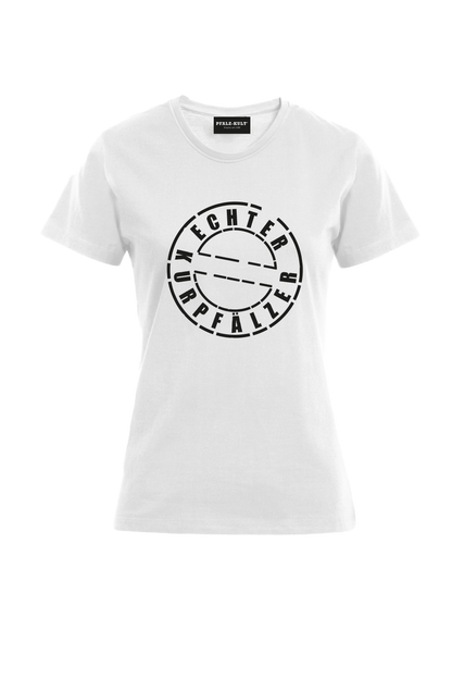 Weißes Damen Polohemd mit dem Aufdruck "Echter Kurpfälzer" von Pfalz-Kult. Trendige Mode aus der Pfalz für Pälzr.