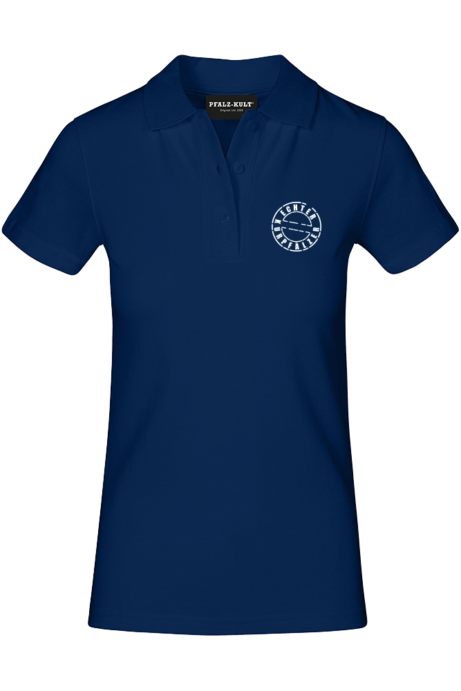 Blaues Damen Polo-Shirt mit dem Aufdruck "Echter Kurpfälzer" von Pfalz-Kult. Trendige Mode aus der Pfalz für Pälzr und Kurpfälzer