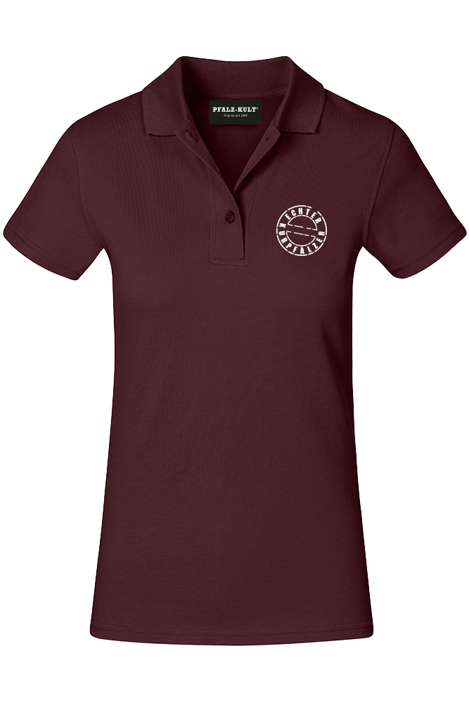 Rotes Damen Polo-Shirt mit dem Aufdruck "Echter Kurpfälzer" von Pfalz-Kult. Trendige Mode aus der Pfalz für Pälzr und Kurpfälzer