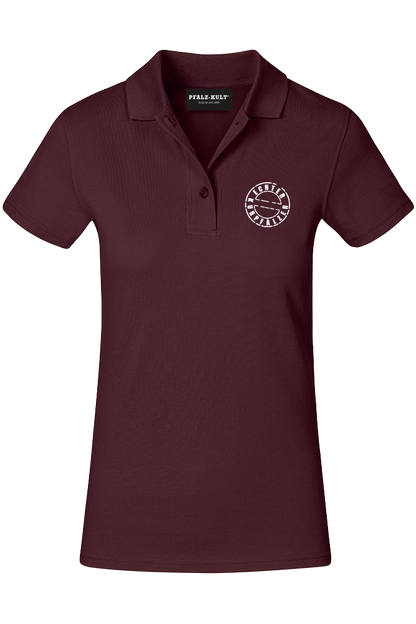 Rotes Damen Polo-Shirt mit dem Aufdruck "Echter Kurpfälzer" von Pfalz-Kult. Trendige Mode aus der Pfalz für Pälzr und Kurpfälzer