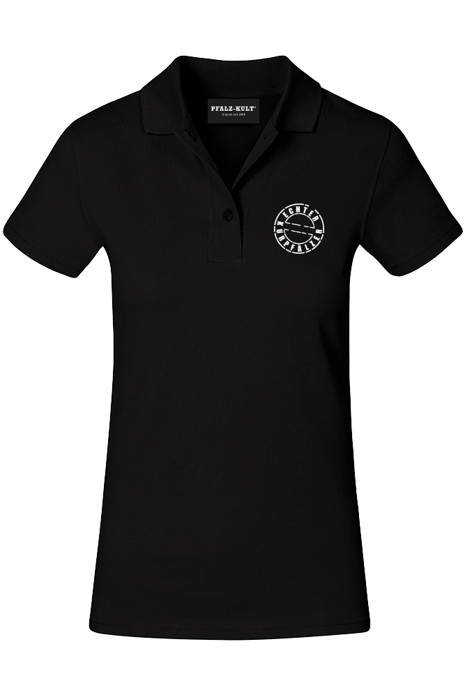 Schwarzes Damen Polo-Shirt mit dem Aufdruck "Echter Kurpfälzer" von Pfalz-Kult. Trendige Mode aus der Pfalz für Pälzr und Kurpfälzer