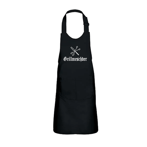 Schwarze Kinder-Grillschürze mit weißem Aufdruck Grillmeschder und Grillbesteck-Logo