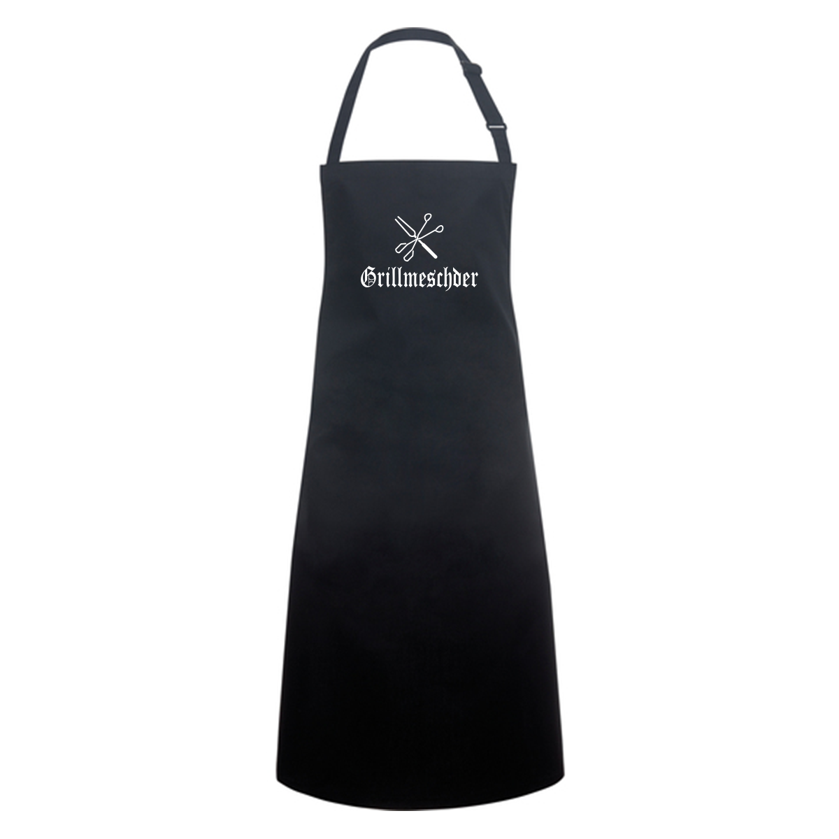 Schwarze Grillschürze mit weißem Aufdruck Grillmeschder und Grillbesteck-Logo