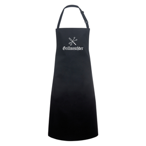 Schwarze Grillschürze mit weißem Aufdruck Grillmeschder und Grillbesteck-Logo