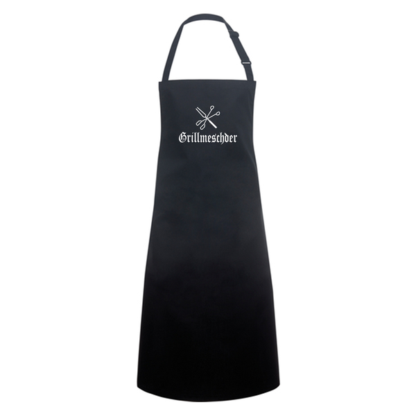 Schwarze Grillschürze mit weißem Aufdruck Grillmeschder und Grillbesteck-Logo