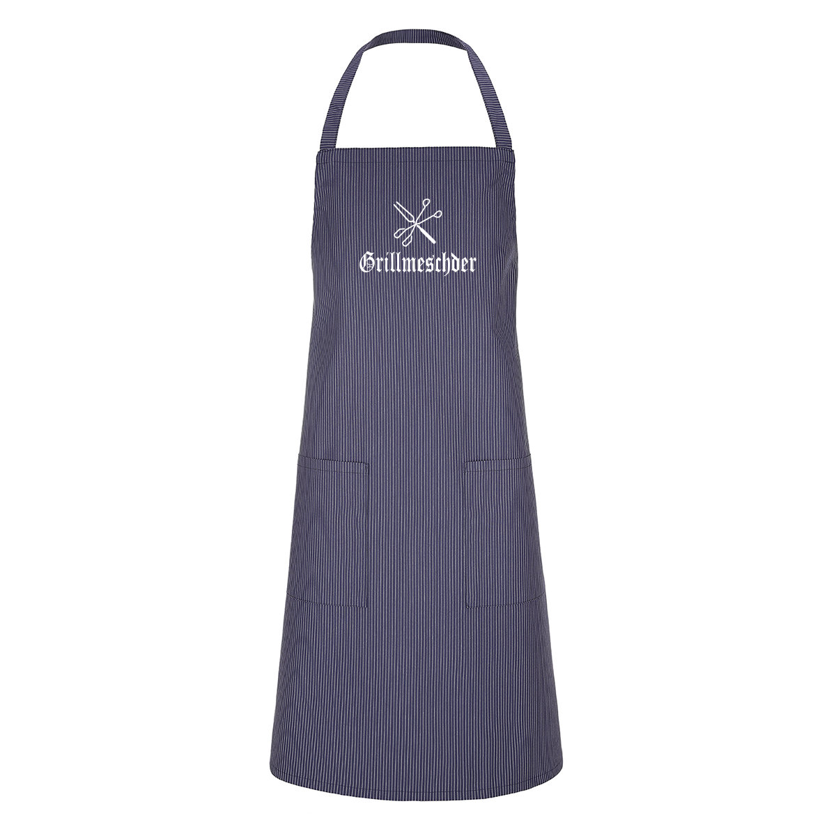 Weiß-blau gestreifte Grillschürze aus Stoff mit weißem Aufdruck Grillmeschder und Grillbesteck-Logo