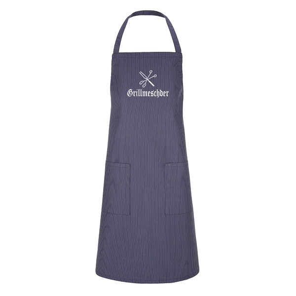 Weiß-blau gestreifte Grillschürze aus Stoff mit weißem Aufdruck Grillmeschder und Grillbesteck-Logo