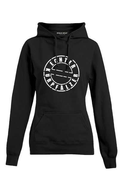 Schwarzes Frauen Hoodie mit dem Aufdruck "Echter Kurpfälzer" von Pfalz-Kult. Trendige Mode aus der Pfalz für Pälzr.