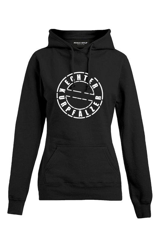 Schwarzes Frauen Hoodie mit dem Aufdruck "Echter Kurpfälzer" von Pfalz-Kult. Trendige Mode aus der Pfalz für Pälzr.