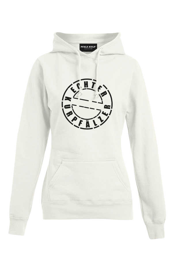 Weißes Hoodie mit dem Aufdruck "Echter Kurpfälzer" von Pfalz-Kult. Trendige Mode aus der Pfalz für Pälzr.