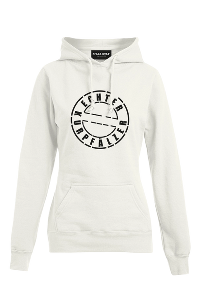 Weißes Hoodie mit dem Aufdruck "Echter Kurpfälzer" von Pfalz-Kult. Trendige Mode aus der Pfalz für Pälzr.