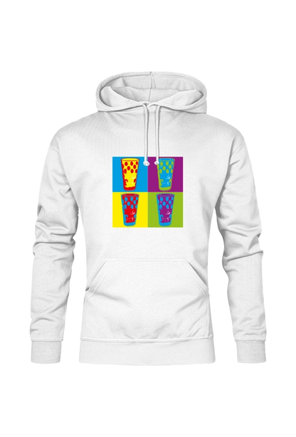 Bunte Dubbegläser auf weißem Hoodie von der Pfalzfashion Marke Pfalz-Kult
