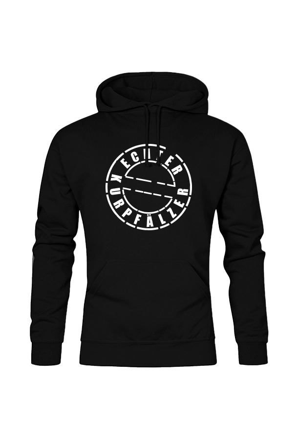 Schwarzes Herren Hoodie mit dem Aufdruck "Echter Kurpfälzer" von Pfalz-Kult. Trendige Mode aus der Pfalz für Pälzr.