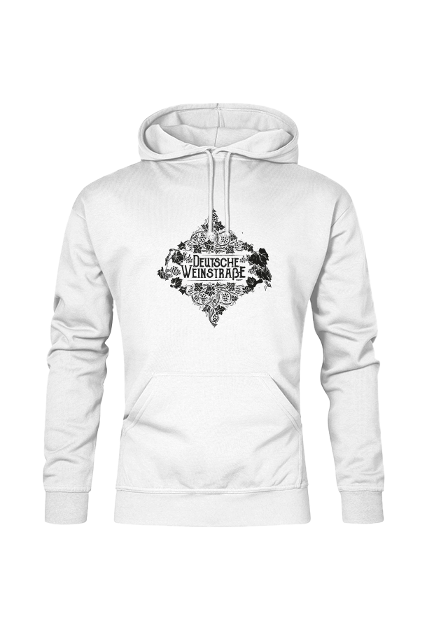 Weißes Pfalz-Kult Herren Hoodie mit dem Aufdruck "Deutsche Weinstrasse" .  Das ideale Geschenk für jedes Pfalzkind vom Textildruck Spezialisten aus Bad Dürkheim.