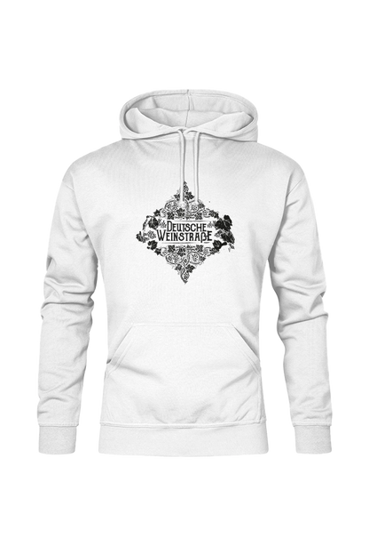 Weißes Pfalz-Kult Herren Hoodie mit dem Aufdruck "Deutsche Weinstrasse" .  Das ideale Geschenk für jedes Pfalzkind vom Textildruck Spezialisten aus Bad Dürkheim.