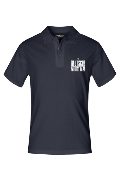 Navy farbenes Polo mit dem Aufdruck "Deutsche Weinstrasse" .  Das ideale Geschenk für jedes Pfalzkind vom Textildruck Spezialisten aus Bad Dürkheim.