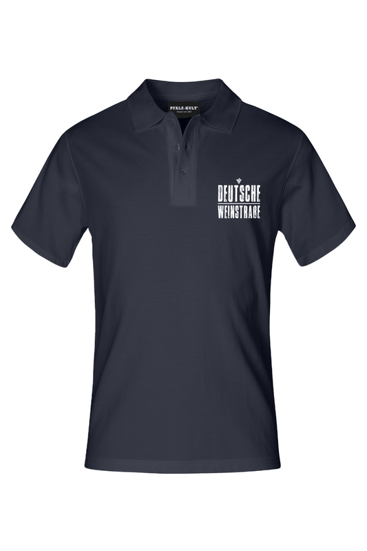 Navy farbenes Polo mit dem Aufdruck "Deutsche Weinstrasse" .  Das ideale Geschenk für jedes Pfalzkind vom Textildruck Spezialisten aus Bad Dürkheim.