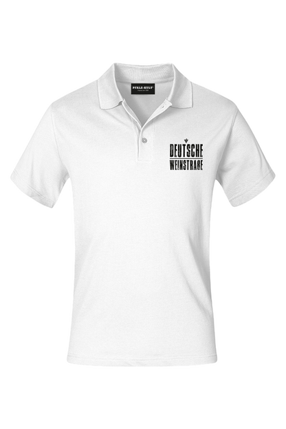 Weißes Polo mit dem Aufdruck "Deutsche Weinstrasse" .  Das ideale Geschenk für jedes Pfalzkind vom Textildruck Spezialisten aus Bad Dürkheim.