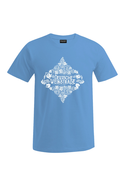 hellblaues Pfalz-Kult Herren T-Shirt mit dem Aufdruck "Deutsche Weinstrasse" .  Das ideale Geschenk für jedes Pfalzkind vom Textildruck Spezialisten aus Bad Dürkheim.