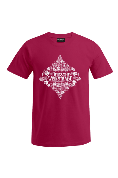 Rotes Pfalz-Kult Herren T-Shirt mit dem Aufdruck "Deutsche Weinstrasse" .  Das ideale Geschenk für jedes Pfalzkind vom Textildruck Spezialisten aus Bad Dürkheim.