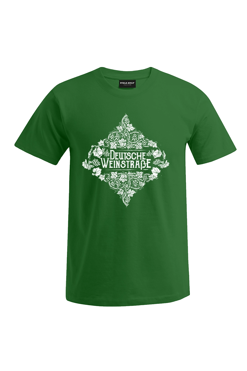 Grünes Pfalz-Kult Herren T-Shirt mit dem Aufdruck "Deutsche Weinstrasse" .  Das ideale Geschenk für jedes Pfalzkind vom Textildruck Spezialisten aus Bad Dürkheim.