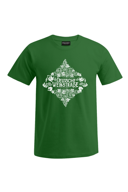 Grünes Pfalz-Kult Herren T-Shirt mit dem Aufdruck "Deutsche Weinstrasse" .  Das ideale Geschenk für jedes Pfalzkind vom Textildruck Spezialisten aus Bad Dürkheim.