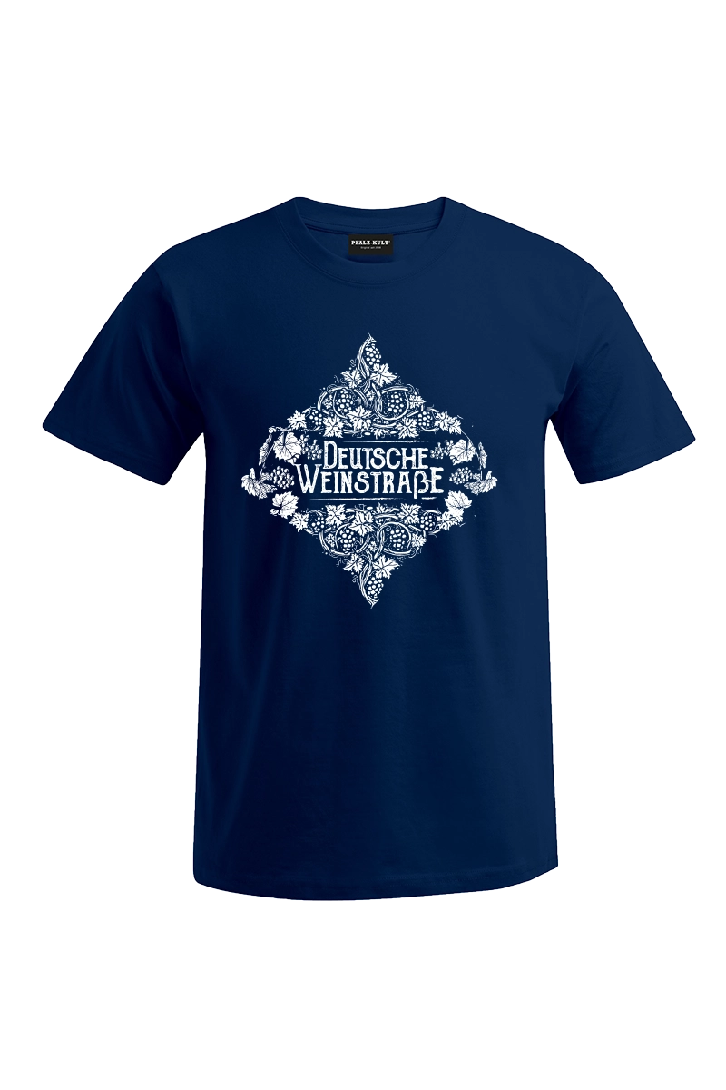 Blaues Pfalz-Kult Herren T-Shirt mit dem Aufdruck "Deutsche Weinstrasse" .  Das ideale Geschenk für jedes Pfalzkind vom Textildruck Spezialisten aus Bad Dürkheim.