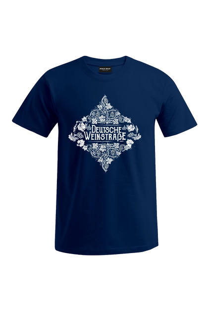 Blaues Pfalz-Kult Herren T-Shirt mit dem Aufdruck "Deutsche Weinstrasse" .  Das ideale Geschenk für jedes Pfalzkind vom Textildruck Spezialisten aus Bad Dürkheim.