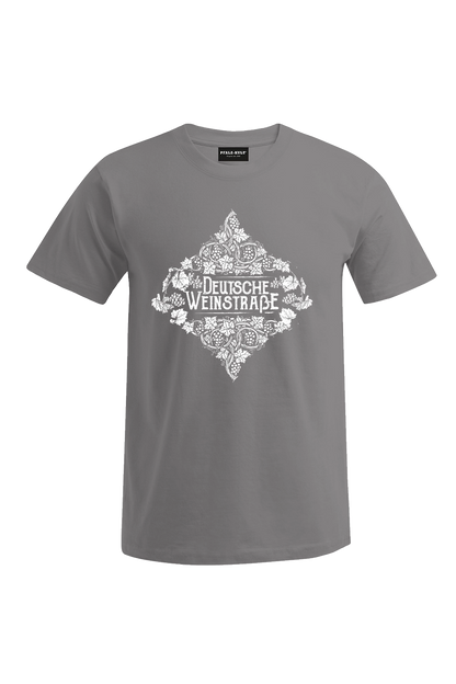 Graues Pfalz-Kult Herren T-Shirt mit dem Aufdruck "Deutsche Weinstrasse" .  Das ideale Geschenk für jedes Pfalzkind vom Textildruck Spezialisten aus Bad Dürkheim.