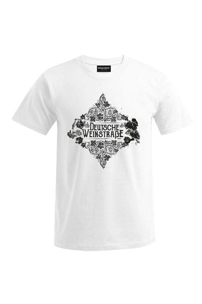 Weißes Pfalz-Kult Herren T-Shirt mit dem Aufdruck "Deutsche Weinstrasse" .  Das ideale Geschenk für jedes Pfalzkind vom Textildruck Spezialisten aus Bad Dürkheim.