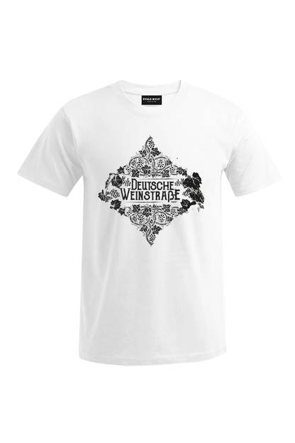 Weißes Pfalz-Kult Herren T-Shirt mit dem Aufdruck "Deutsche Weinstrasse" .  Das ideale Geschenk für jedes Pfalzkind vom Textildruck Spezialisten aus Bad Dürkheim.