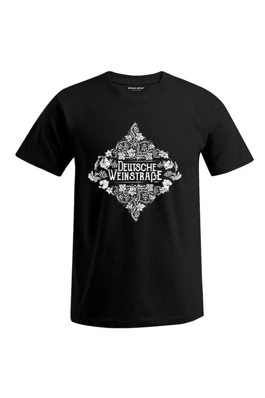 Schwarzes Pfalz-Kult Herren T-Shirt mit dem Aufdruck "Deutsche Weinstrasse" .  Das ideale Geschenk für jedes Pfalzkind vom Textildruck Spezialisten aus Bad Dürkheim.