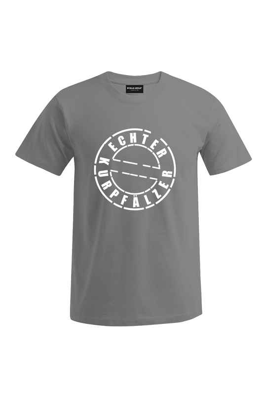 Graues Herren T-Shirt mit dem Aufdruck "Echter Kurpfälzer" von Pfalz-Kult. Trendige Mode aus der Pfalz für Pälzr. und Kurpfälzer.