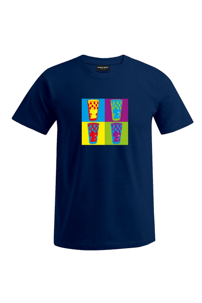 Pfälzershirts von Pfalz-Kult. Dunkelblaues T-Shirt mit bunten Dubbegläsern. Die Geschenkidee für Pälzer. Pfälzer Sprüche aus Bad Dürkheim