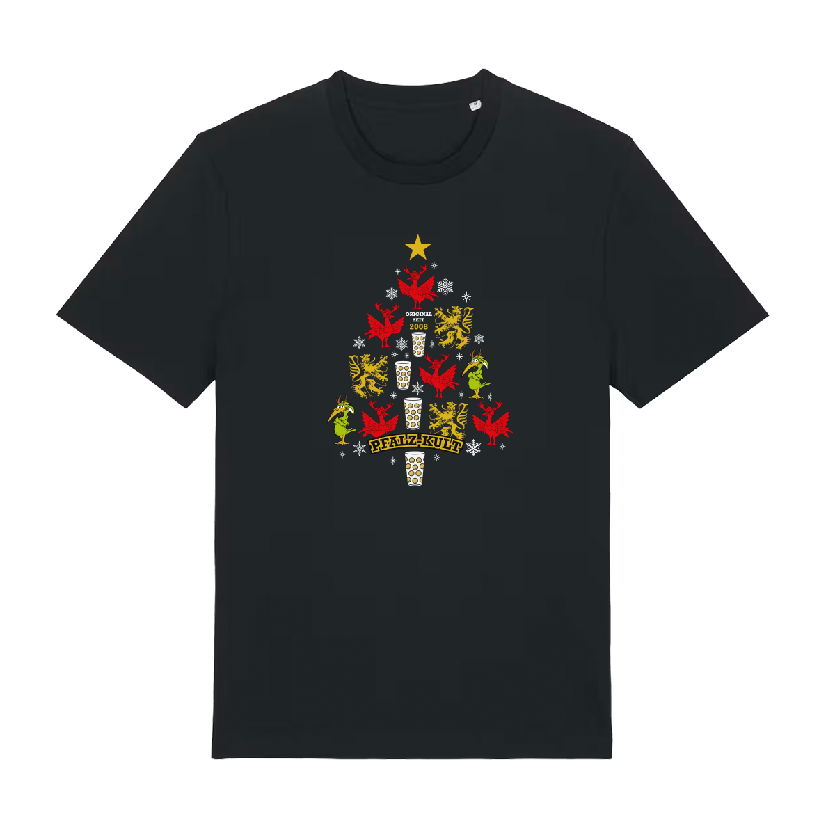 Schwarzes T-Shirt mit weihnachtlichem Pfalz-Kult Design in Baumform