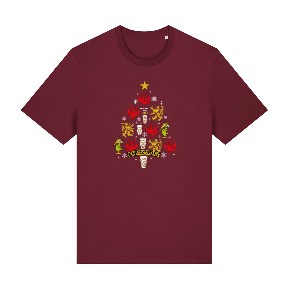 Weinrotes T-Shirt mit weihnachtlichem Pfalz-Kult Design in Baumform