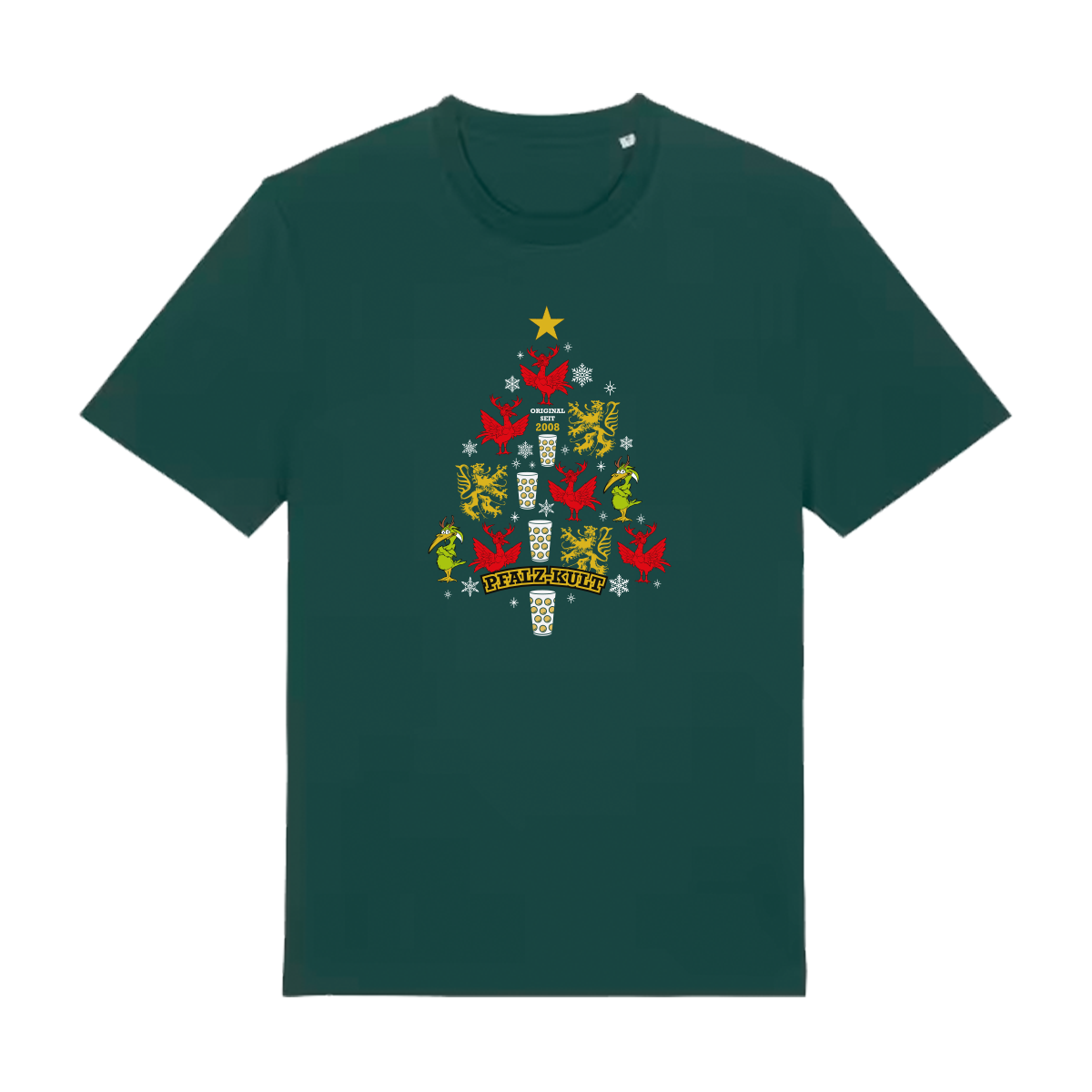 Dunkelgrünes T-Shirt mit weihnachtlichem Pfalz-Kult Design in Baumform