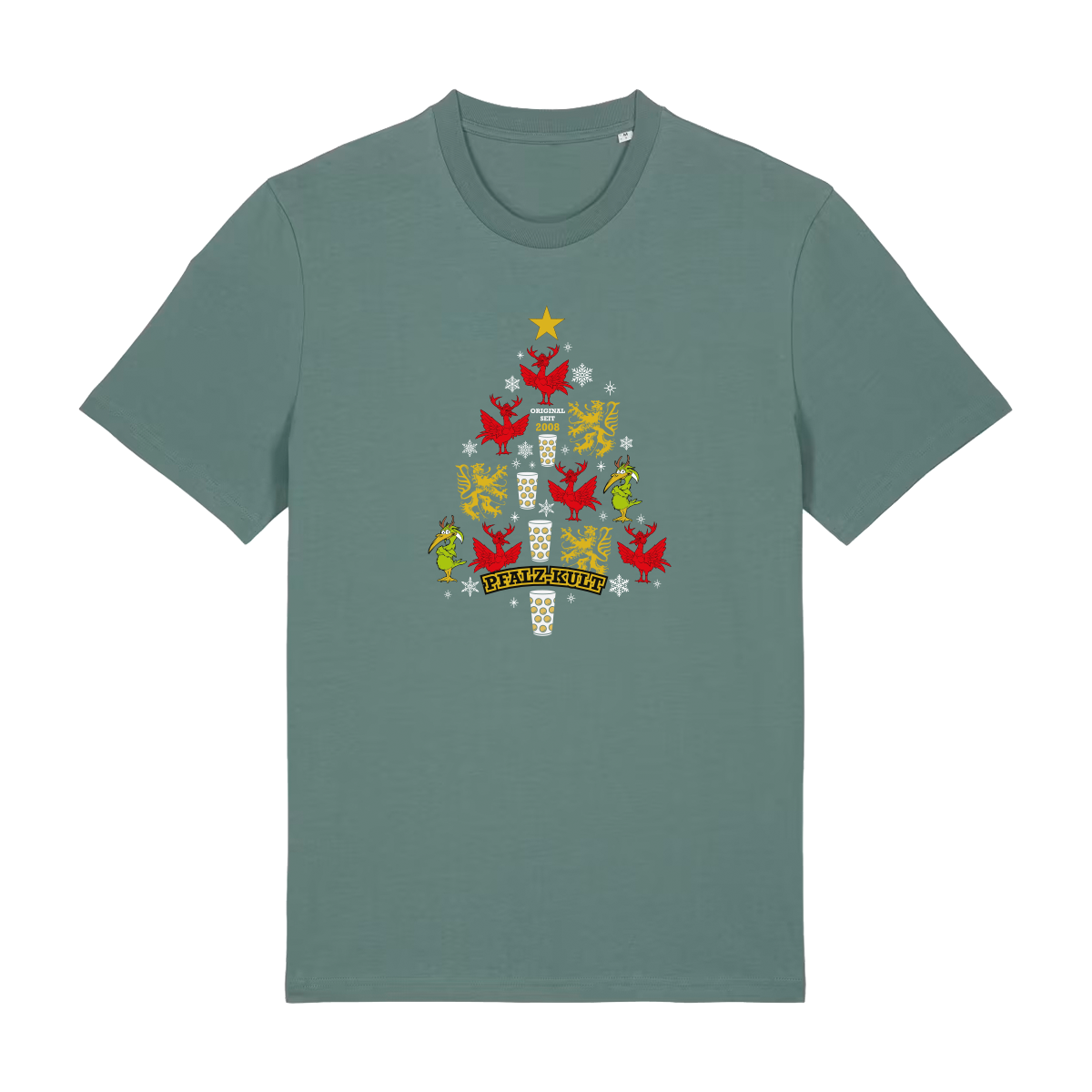 Graugrünes T-Shirt mit weihnachtlichem Pfalz-Kult Design in Baumform