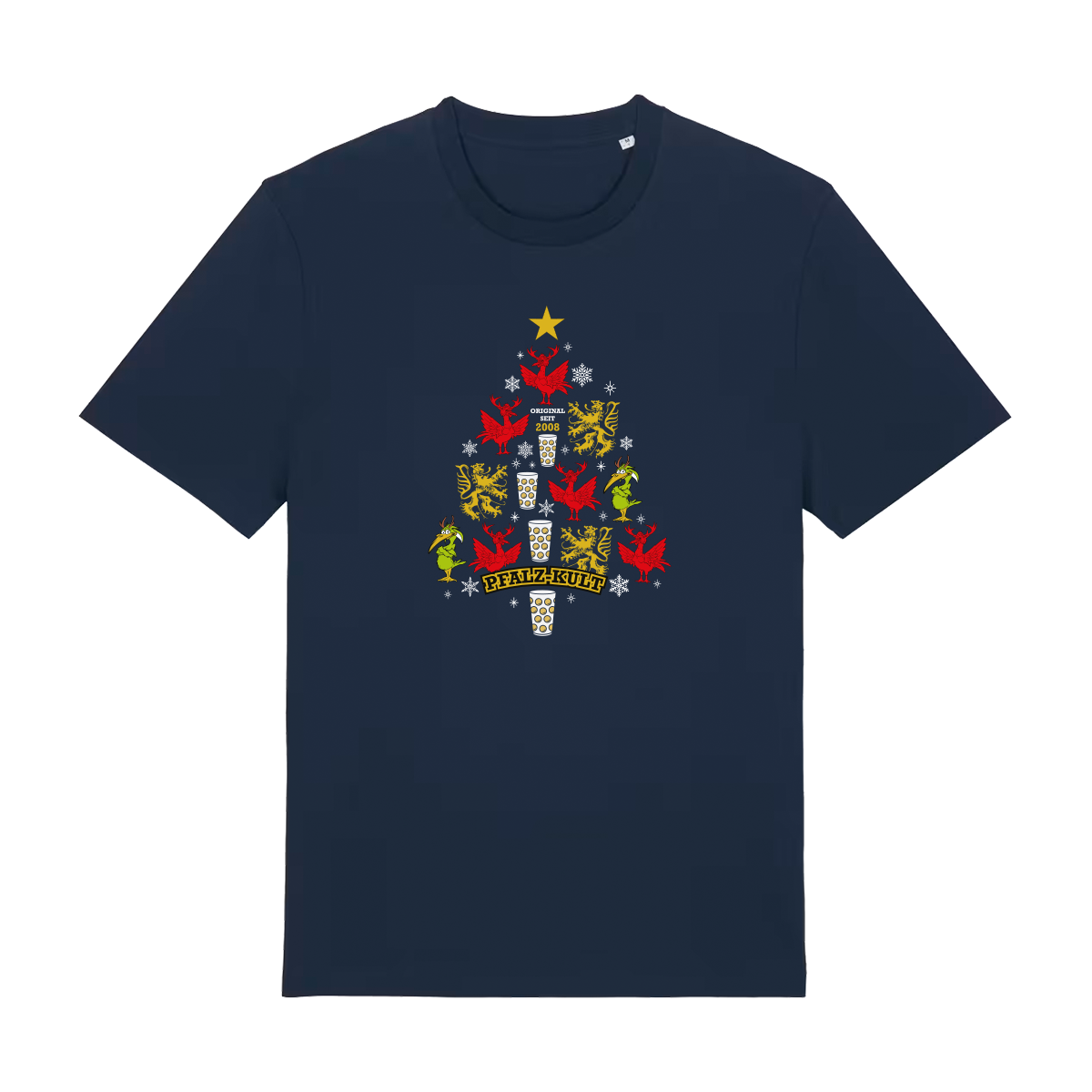 Dunkelblaues T-Shirt mit weihnachtlichem Pfalz-Kult Design in Baumform