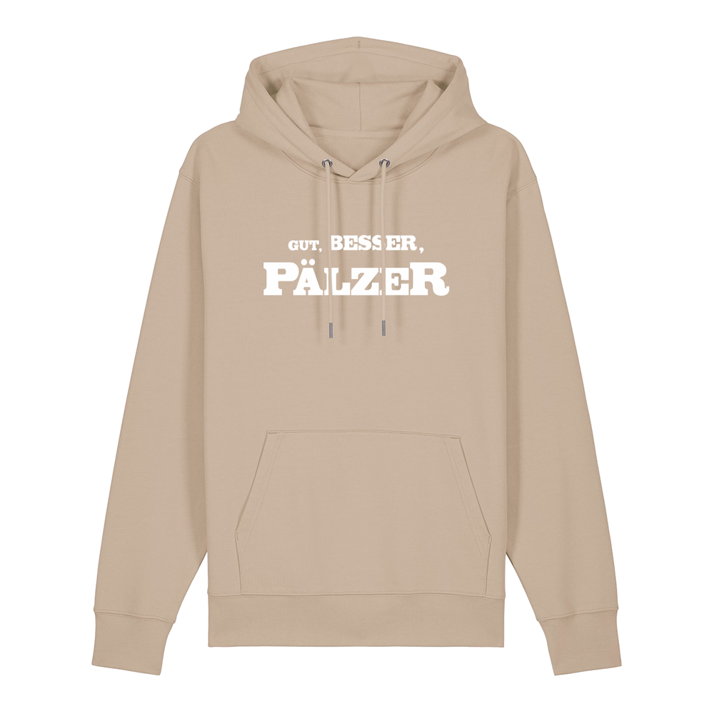 Hoodie in beige mit weißem Aufdruck "Gut, besser, Pälzer". 