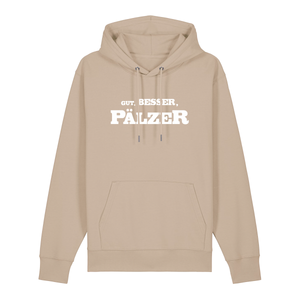 Hoodie in beige mit weißem Aufdruck "Gut, besser, Pälzer". 