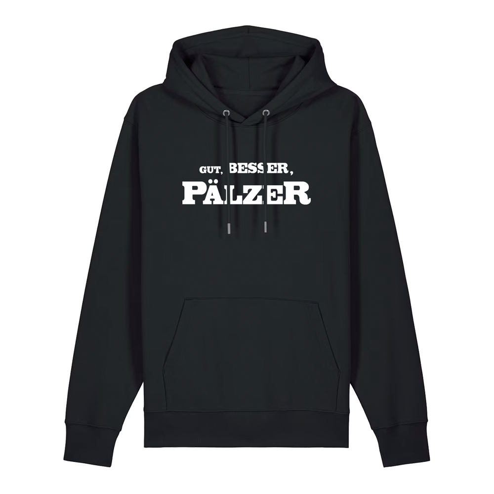 Hoodie in schwarz mit weißem Aufdruck "Gut, besser, Pälzer". 